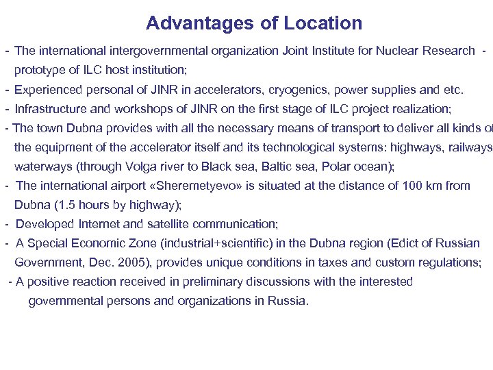 Advantages of Location - The international intergovernmental organization Joint Institute for Nuclear Research prototype