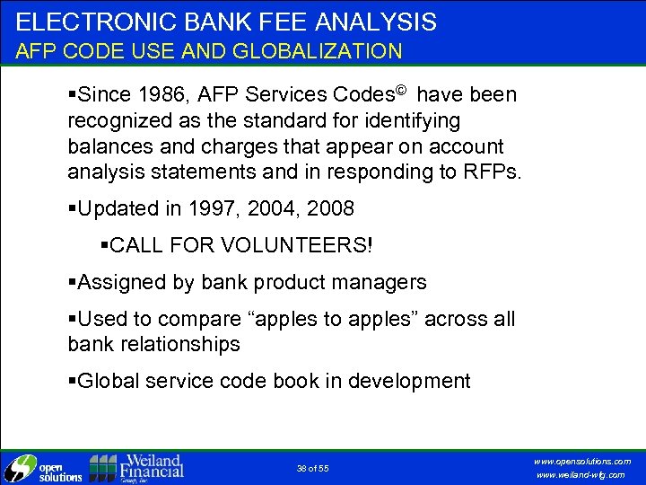 ELECTRONIC BANK FEE ANALYSIS AFP CODE USE AND GLOBALIZATION §Since 1986, AFP Services Codes©