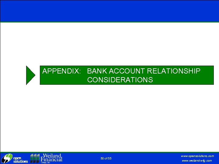 APPENDIX: BANK ACCOUNT RELATIONSHIP CONSIDERATIONS 50 of 55 www. opensolutions. com www. weiland-wfg. com