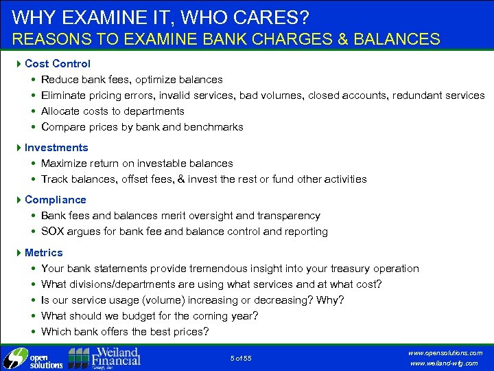 WHY EXAMINE IT, WHO CARES? REASONS TO EXAMINE BANK CHARGES & BALANCES 4 Cost