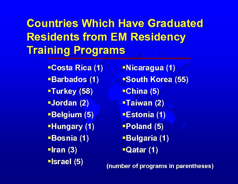 Countries Which Have Graduated Residents from EM Residency Training Programs §Costa Rica (1) §Barbados