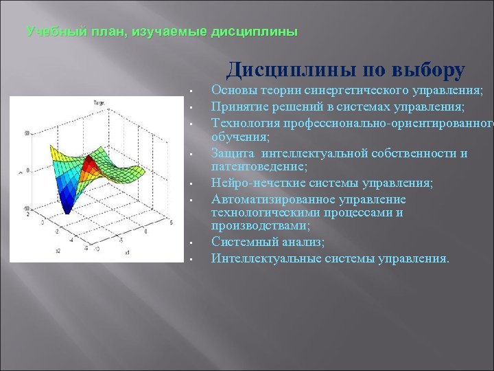 Учебный план, изучаемые дисциплины Дисциплины по выбору • • Основы теории синергетического управления; Принятие