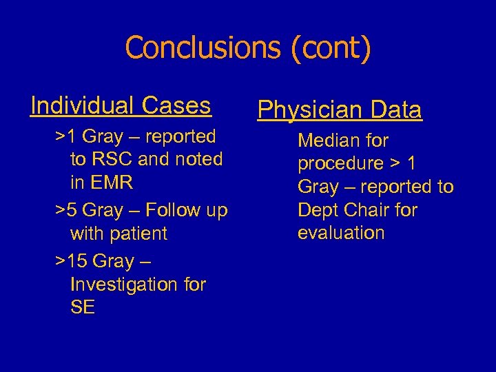 Conclusions (cont) Individual Cases >1 Gray – reported to RSC and noted in EMR