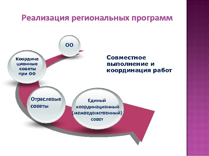 Реализация региональных программ ОО Координа ционные советы при ОО Отраслевые советы Совместное выполнение и