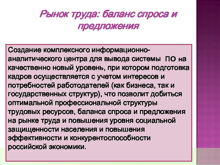 Рынок труда: баланс спроса и предложения Создание комплексного информационноаналитического центра для вывода системы ПО