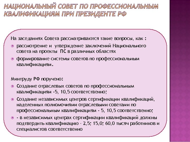 На заседаниях Совета рассматриваются такие вопросы, как : рассмотрение и утверждение заключений Национального совета