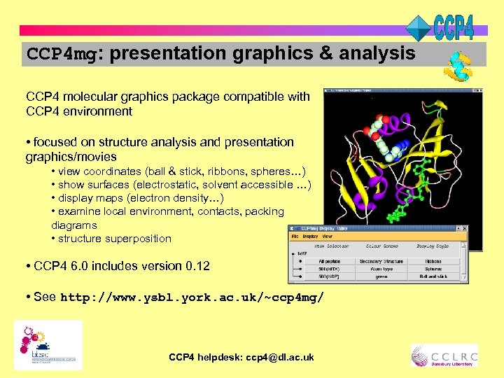 CCP 4 mg: presentation graphics & analysis CCP 4 molecular graphics package compatible with