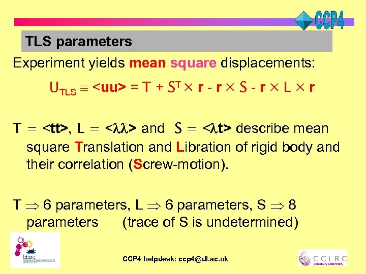 TLS parameters Experiment yields mean square displacements: UTLS <uu> = T + ST r