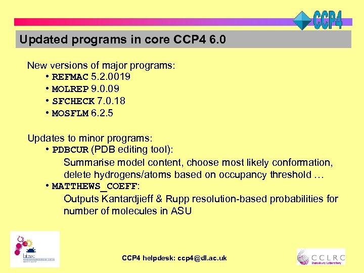 Updated programs in core CCP 4 6. 0 New versions of major programs: •