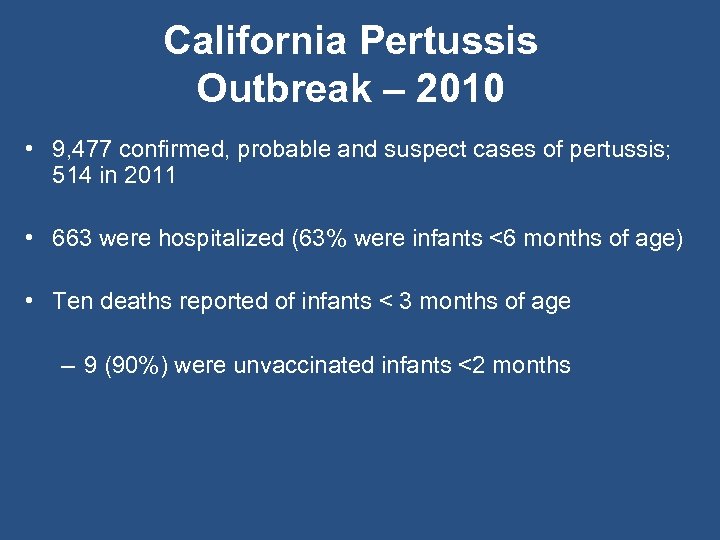 California Pertussis Outbreak – 2010 • 9, 477 confirmed, probable and suspect cases of