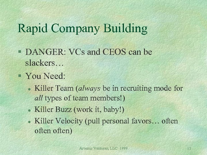 Rapid Company Building § DANGER: VCs and CEOS can be slackers… § You Need: