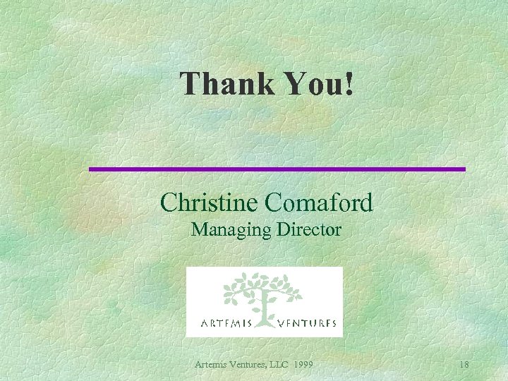 Thank You! Christine Comaford Managing Director Artemis Ventures, LLC 1999 18 