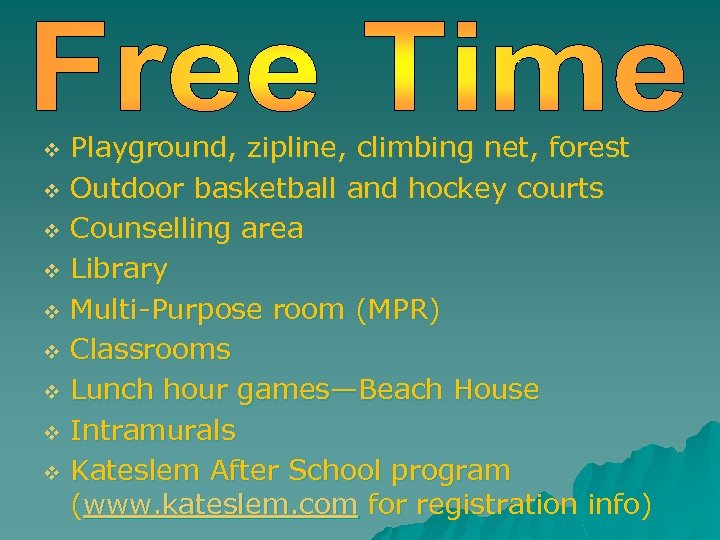 Playground, zipline, climbing net, forest v Outdoor basketball and hockey courts v Counselling area