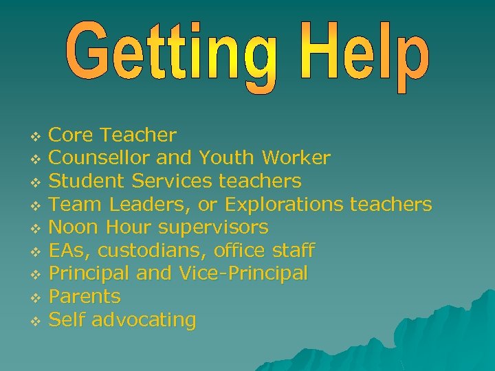 Core Teacher v Counsellor and Youth Worker v Student Services teachers v Team Leaders,