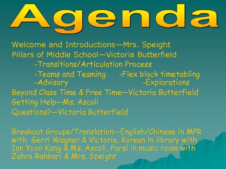 Welcome and Introductions—Mrs. Speight Pillars of Middle School—Victoria Butterfield -Transitions/Articulation Process -Teams and Teaming