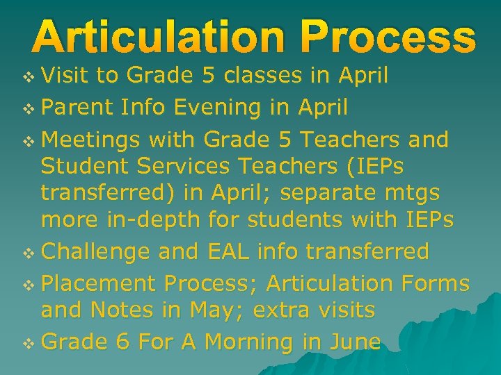 Articulation Process v Visit to Grade 5 classes in April v Parent Info Evening