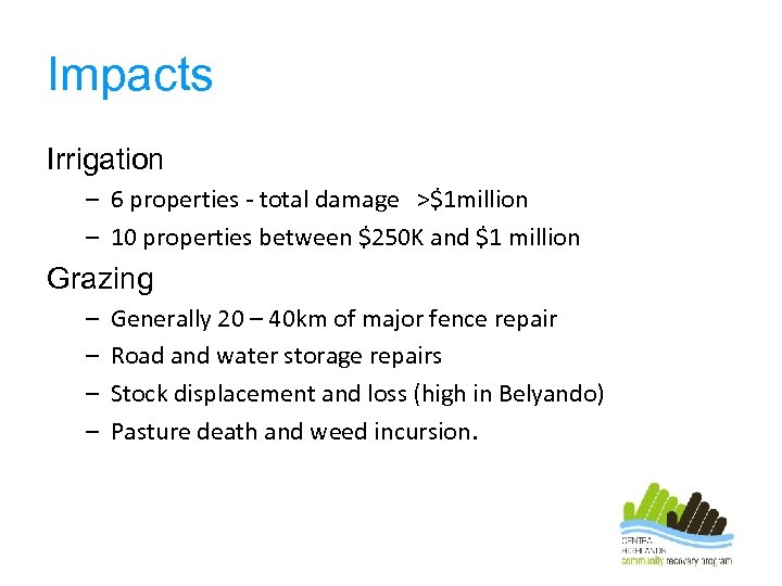 Impacts Irrigation – 6 properties - total damage >$1 million – 10 properties between