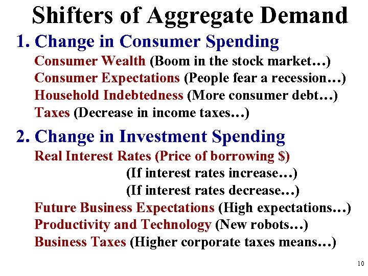 Shifters of Aggregate Demand 1. Change in Consumer Spending Consumer Wealth (Boom in the