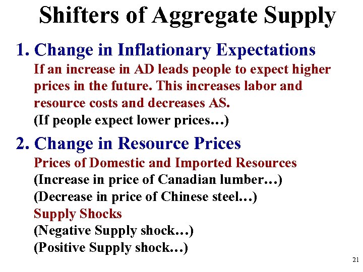 Shifters of Aggregate Supply 1. Change in Inflationary Expectations If an increase in AD