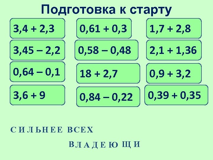 Подготовка к старту 3, 4 + 2, 3 0, 61 + 0, 3 1,