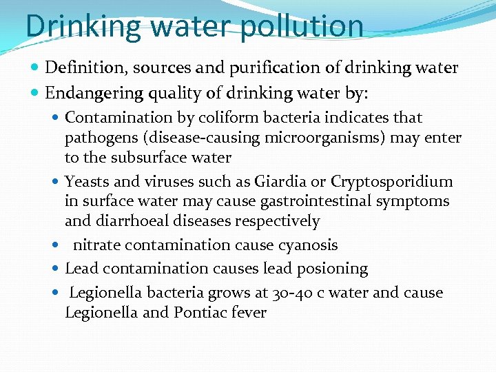 Drinking water pollution Definition, sources and purification of drinking water Endangering quality of drinking