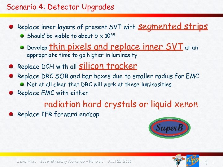 Scenario 4: Detector Upgrades Replace inner layers of present SVT with segmented strips Should