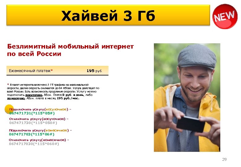 Хайвей 3 Гб Безлимитный мобильный интернет по всей России Ежемесячный платеж* 195 руб. *