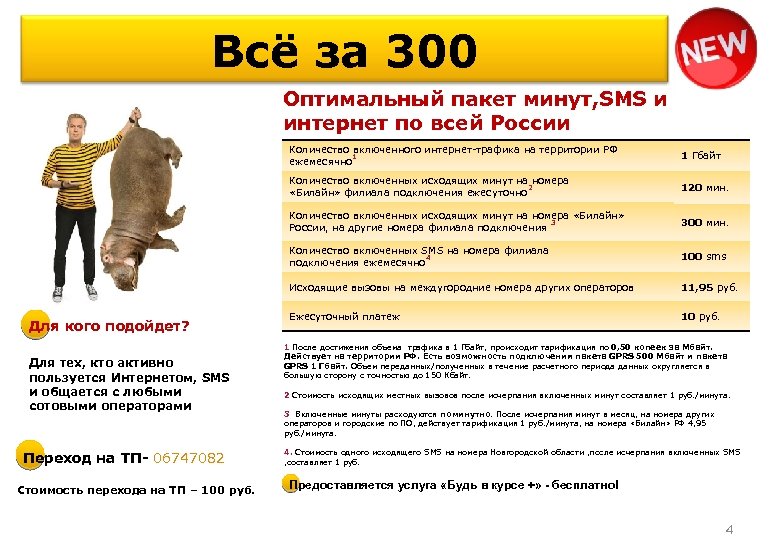 Всё за 300 Оптимальный пакет минут, SMS и интернет по всей России Количество включенного