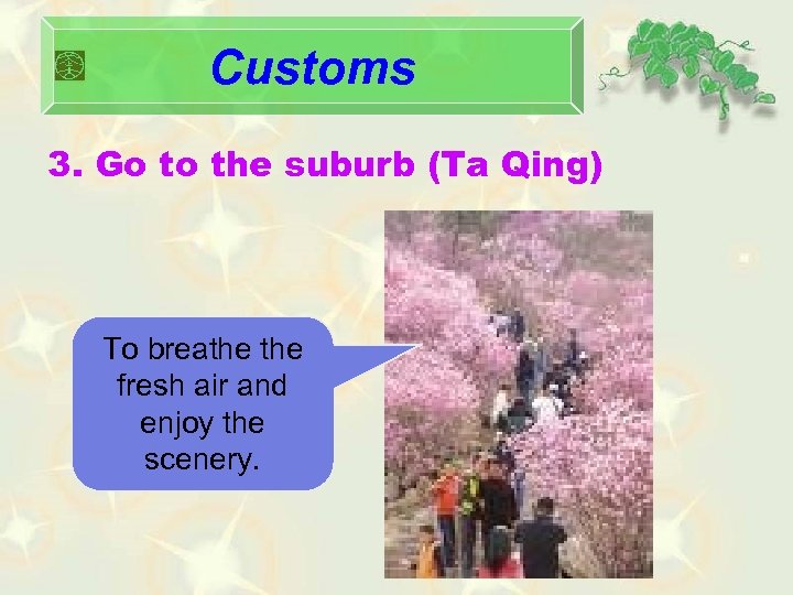 Customs 3. Go to the suburb (Ta Qing) To breathe fresh air and enjoy