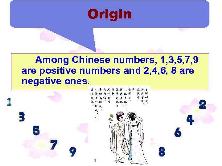 Origin Among Chinese numbers, 1, 3, 5, 7, 9 are positive numbers and 2,