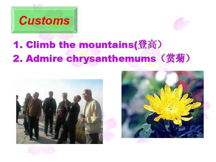 Customs 1. Climb the mountains(登高） 2. Admire chrysanthemums（赏菊） 