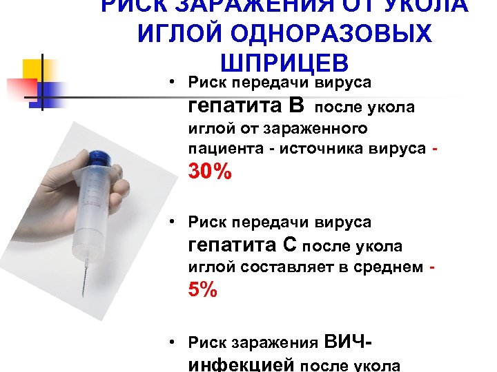 РИСК ЗАРАЖЕНИЯ ОТ УКОЛА ИГЛОЙ ОДНОРАЗОВЫХ ШПРИЦЕВ • Риск передачи вируса гепатита В после