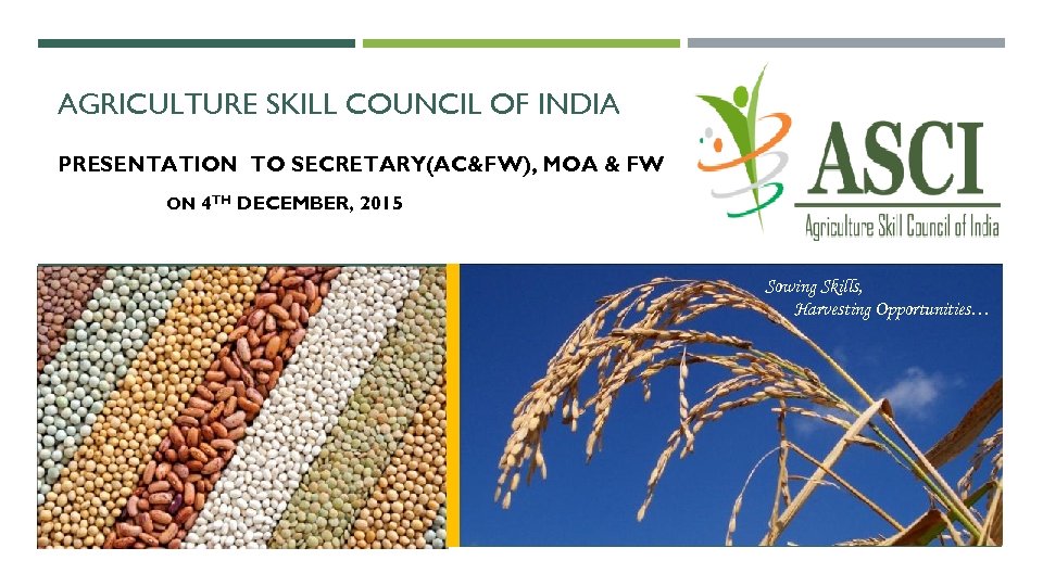AGRICULTURE SKILL COUNCIL OF INDIA PRESENTATION TO SECRETARY(AC&FW), MOA & FW ON 4 TH