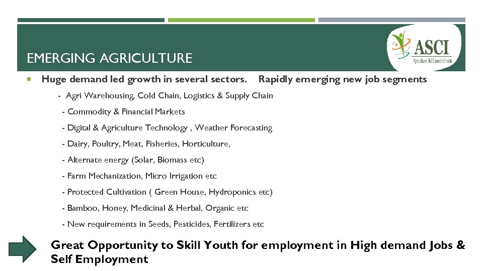 EMERGING AGRICULTURE Huge demand led growth in several sectors. Rapidly emerging new job segments