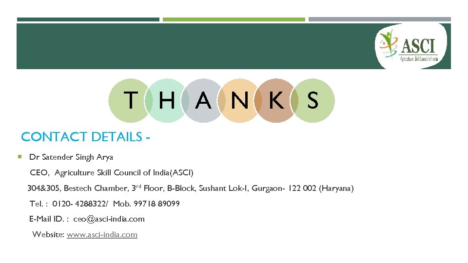 T H A N K S CONTACT DETAILS Dr Satender Singh Arya CEO, Agriculture