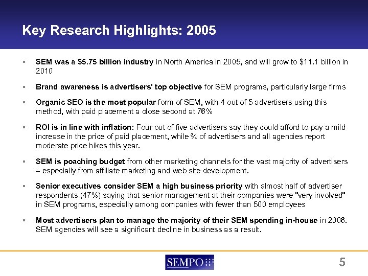 Key Research Highlights: 2005 § SEM was a $5. 75 billion industry in North