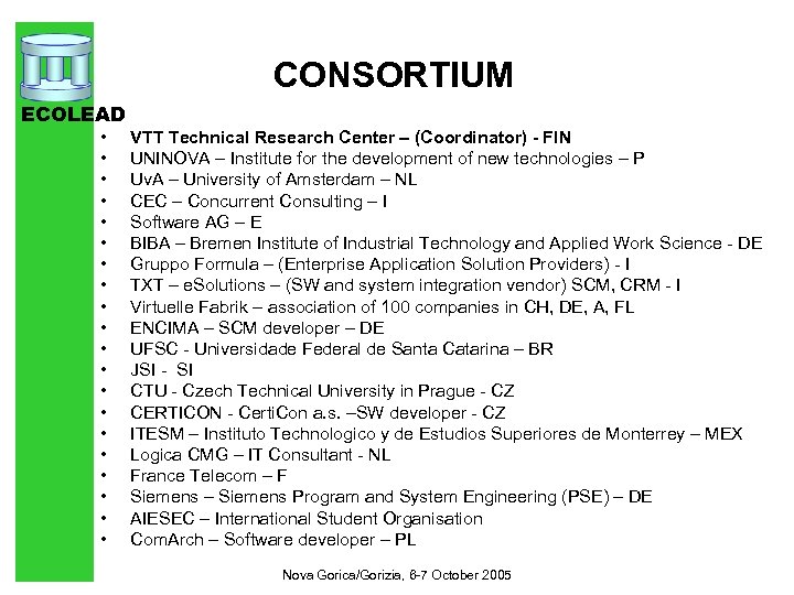 CONSORTIUM ECOLEAD • • • • • VTT Technical Research Center – (Coordinator) -