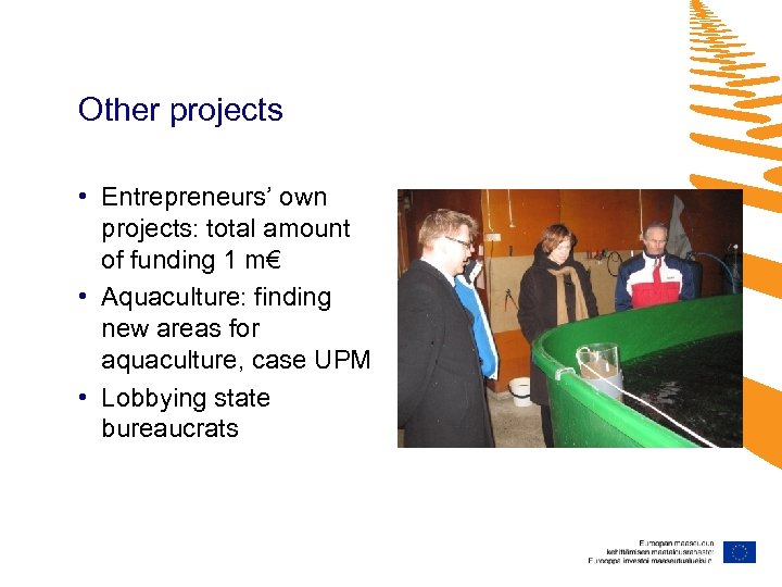 Other projects • Entrepreneurs’ own projects: total amount of funding 1 m€ • Aquaculture: