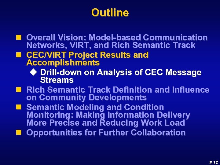 Outline n Overall Vision: Model-based Communication Networks, VIRT, and Rich Semantic Track n CEC/VIRT