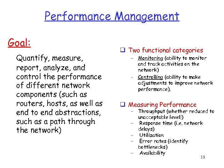 Performance Management Goal: Quantify, measure, report, analyze, and control the performance of different network