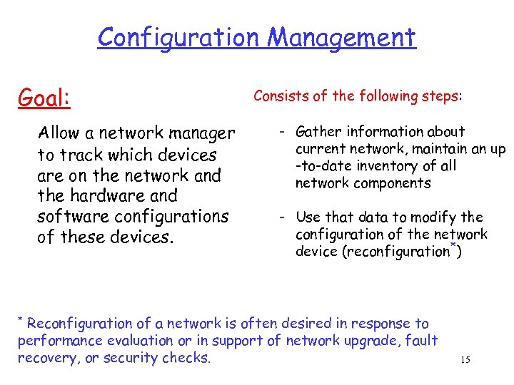 Configuration Management Goal: Allow a network manager to track which devices are on the