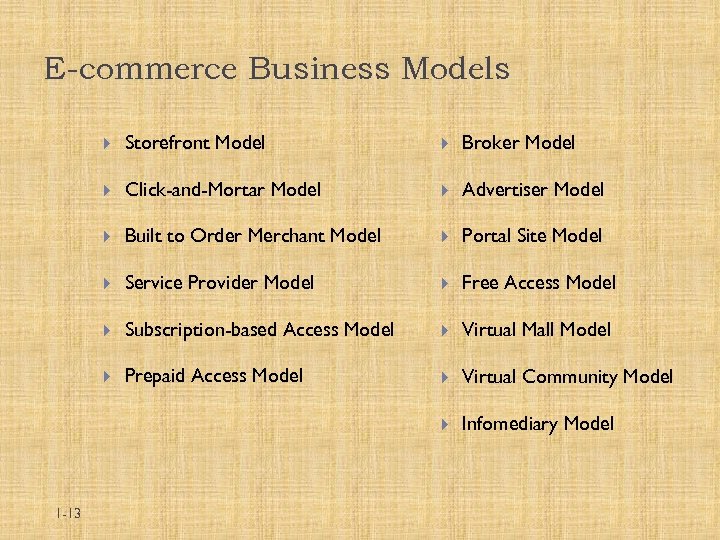 E-commerce Business Models Broker Model Click-and-Mortar Model Advertiser Model Built to Order Merchant Model