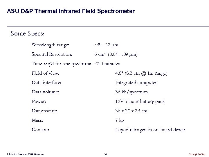 ASU D&P Thermal Infrared Field Spectrometer Some Specs: Wavelength range: ~8 – 12 µm