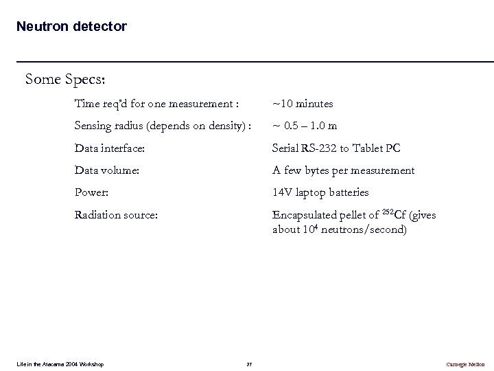 Neutron detector Some Specs: Time req’d for one measurement : ~10 minutes Sensing radius