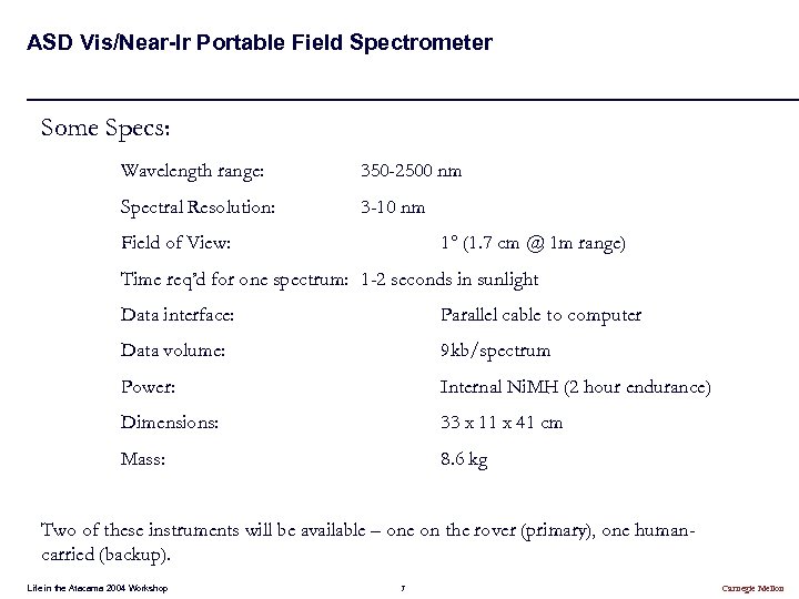 ASD Vis/Near-Ir Portable Field Spectrometer Some Specs: Wavelength range: 350 -2500 nm Spectral Resolution:
