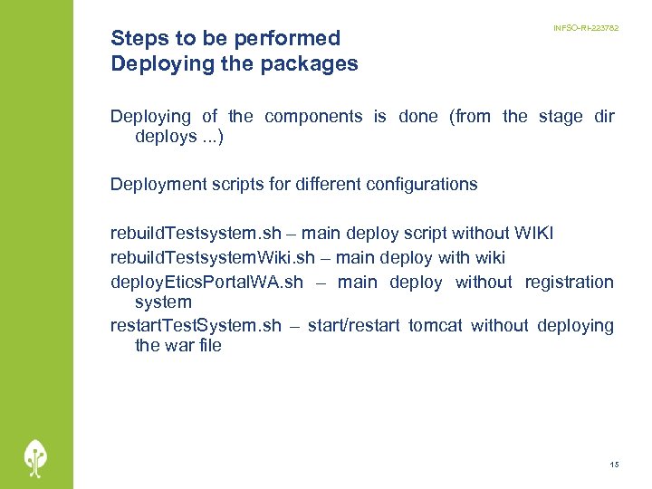 Steps to be performed Deploying the packages INFSO-RI-223782 Deploying of the components is done