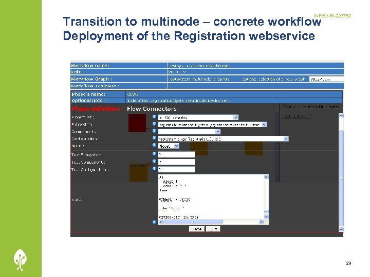INFSO-RI-223782 Transition to multinode – concrete workflow Deployment of the Registration webservice 29 