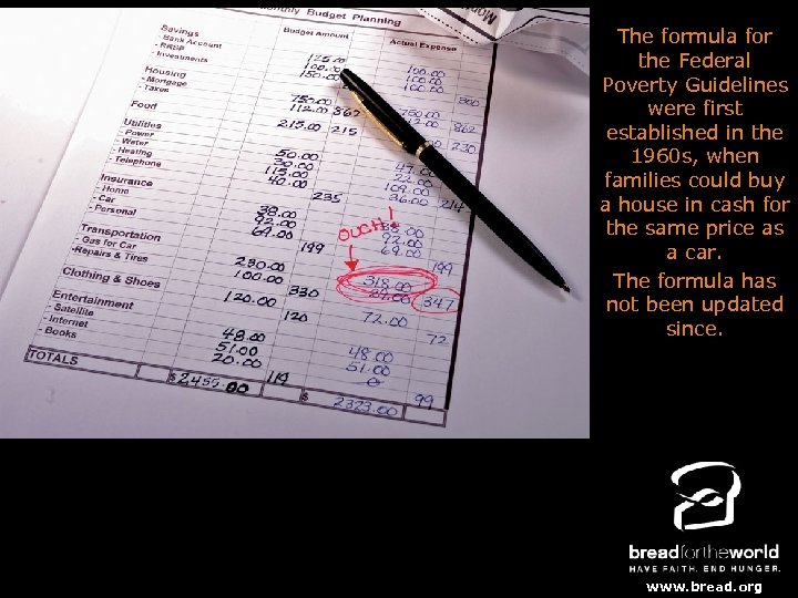 The formula for the Federal Poverty Guidelines were first established in the www. bread.
