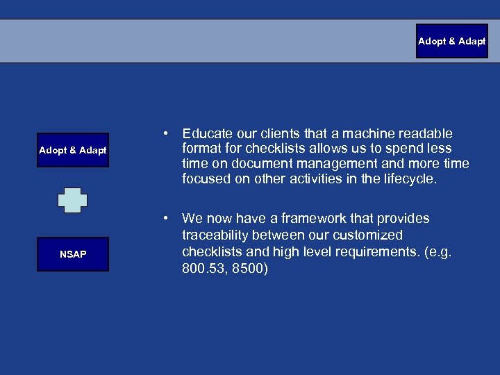 Adopt & Adapt NSAP • Educate our clients that a machine readable format for