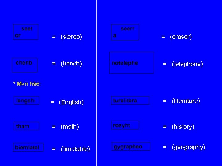 seet seerr or = (stereo) a chenb = (bench) notelephe = (telephone) = (English)